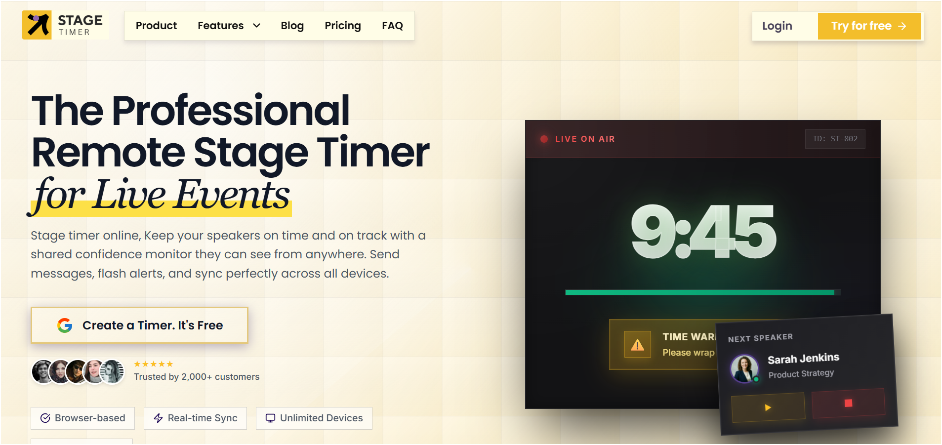 Stage Timer Online social preview showing a professional event timer product